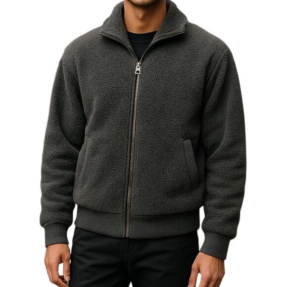Banana Republic Jacket Mens Gray Sherpa Teddy Full Zip Sweatshirt Pockets Sz M - Picture 1 of 4